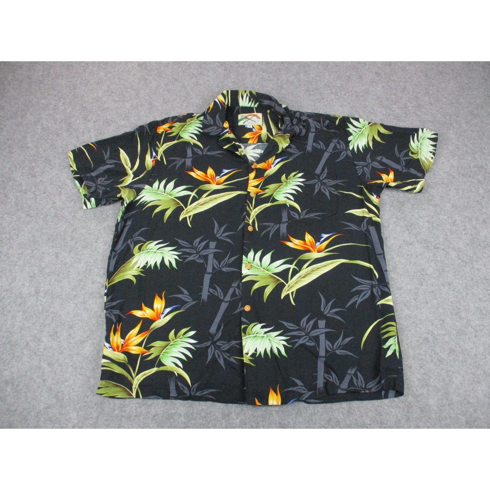 Paradise Found Shirt Mens Large Black Green Birds Of Bamboo Hawaiian Tropical